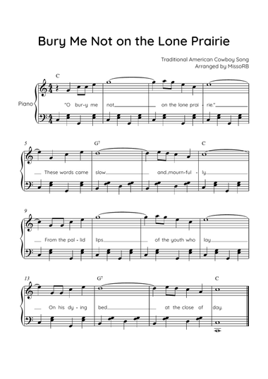 Bury Me Not on the Lone Prairie - Piano in C With Chords & Lyric - Easy