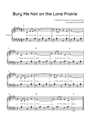 Bury Me Not on the Lone Prairie - Piano in E With Chords & Lyric - Easy