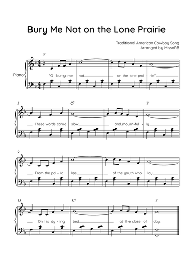 Bury Me Not on the Lone Prairie - Piano in F With Chords & Lyric - Easy