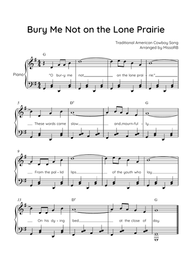 Bury Me Not on the Lone Prairie - Piano in G With Chords & Lyric - Easy