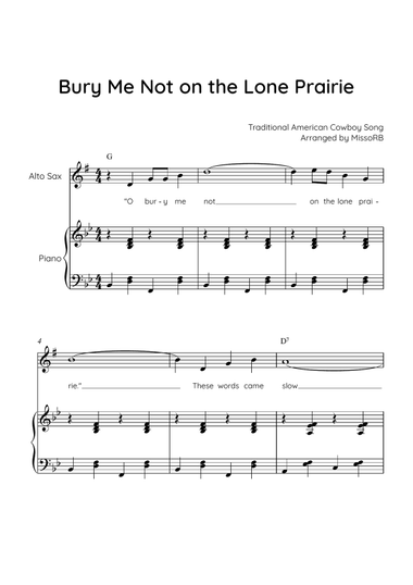 Bury Me Not on the Lone Prairie - Alto Sax & Piano in Bb With Chords & Lyric - Easy