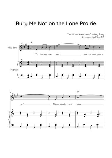 Bury Me Not on the Lone Prairie - Alto Sax & Piano in C With Chords & Lyric - Easy