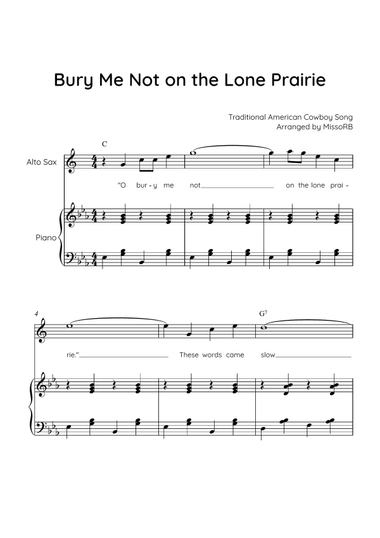 Bury Me Not on the Lone Prairie - Alto Sax & Piano in Eb With Chords & Lyric - Easy
