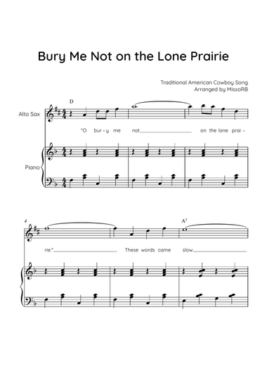 Bury Me Not on the Lone Prairie - Alto Sax & Piano in F With Chords & Lyric - Easy