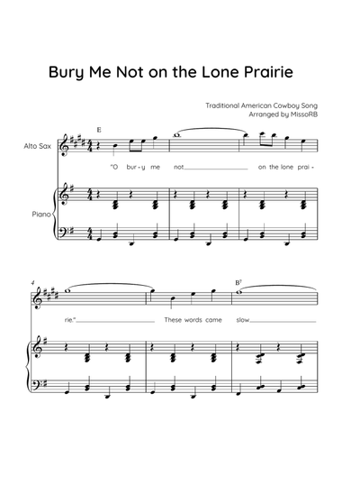 Bury Me Not on the Lone Prairie - Alto Sax & Piano in G With Chords & Lyric - Easy