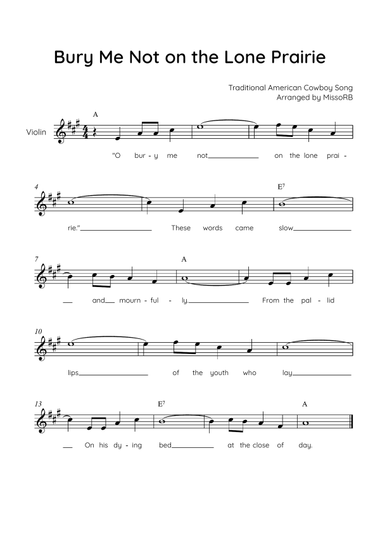 Bury Me Not on the Lone Prairie - Violin in A With Chords & Lyric - Easy