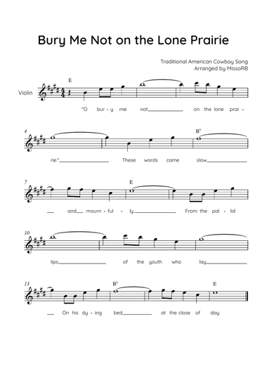 Bury Me Not on the Lone Prairie - Violin in E With Chords & Lyric - Easy