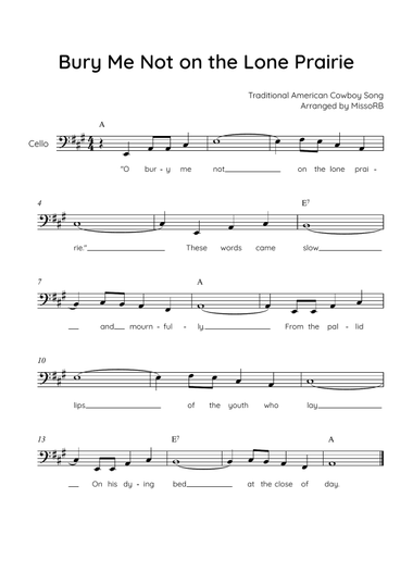 Bury Me Not on the Lone Prairie - Cello in A With Chords & Lyric - Easy