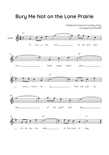 Bury Me Not on the Lone Prairie - Violin in C With Chords & Lyric - Easy