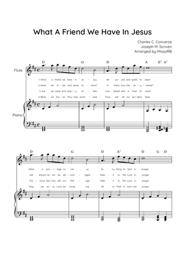 What a Friend We have in Jesus - Flute & Piano in D With Chords & Lyric - Easy