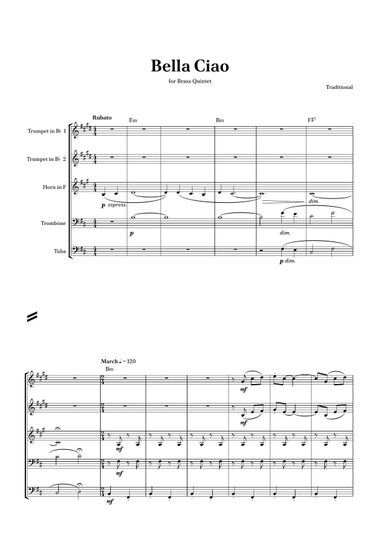 Bella Ciao - Brass Quintet in Bm Easy with chords