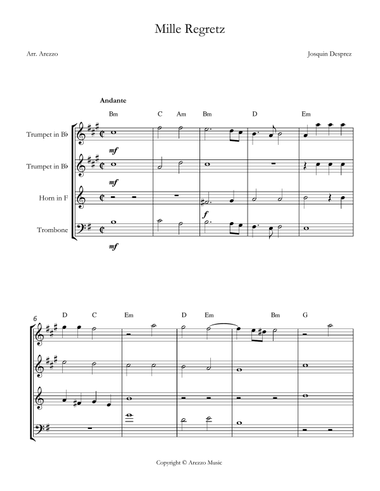 Josquin des Prez – Mille Regretz | Brass Quartet Sheet Music with Chord Symbols