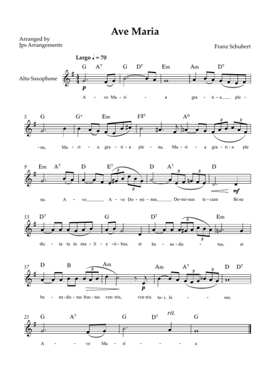 Ave Maria (Schubert) - Easy Alto Saxophone Solo - Key of Bb Major - Lyrics