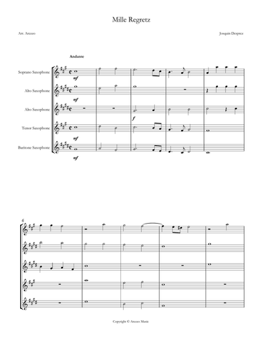 Josquin des Prez – Mille Regretz | Saxophone Quintet Sheet Music with Chord Symbols