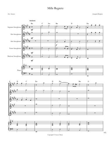 Josquin des Prez – Mille Regretz | Saxophone Quintet with Piano Sheet Music with Chord Symbols