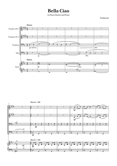 Bella Ciao - Brass Quartet and Piano in Bm Easy without chords