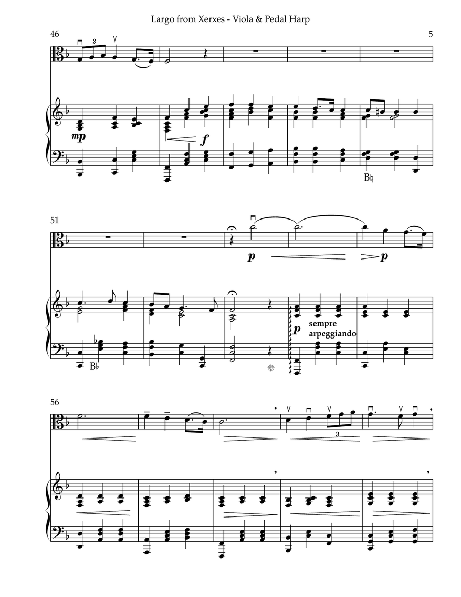 Largo from Xerxes, Duet for Viola & Pedal Harp by George Frideric Handel String Duet - Digital Sheet Music page 5
