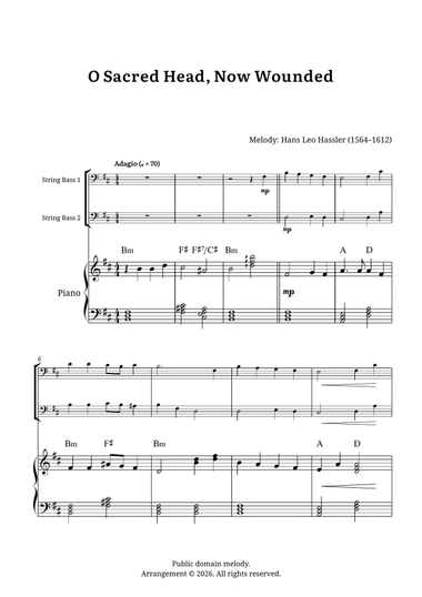 O Sacred Head, Now Wounded – String Bass Duet and Piano (B minor, with Chord Symbols)