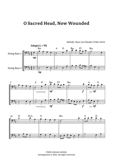 O Sacred Head, Now Wounded – String Bass Duet (B minor, with Chord Symbols)
