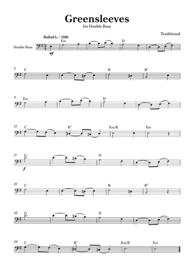Greensleeves - Double Bass in E minor Easy with Chords