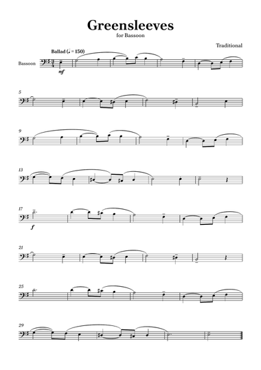 Greensleeves - Bassoon in E minor Easy without Chords