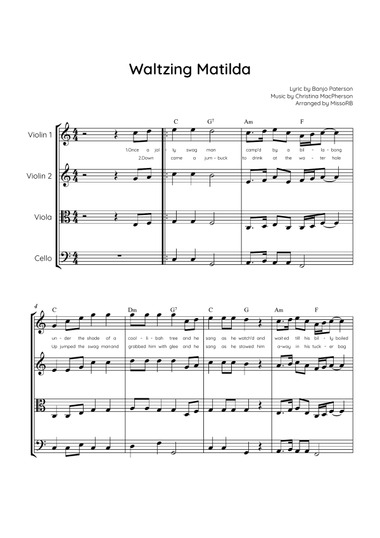 Waltzing Matilda - String Quartet in C With Lyric & Chords - Easy