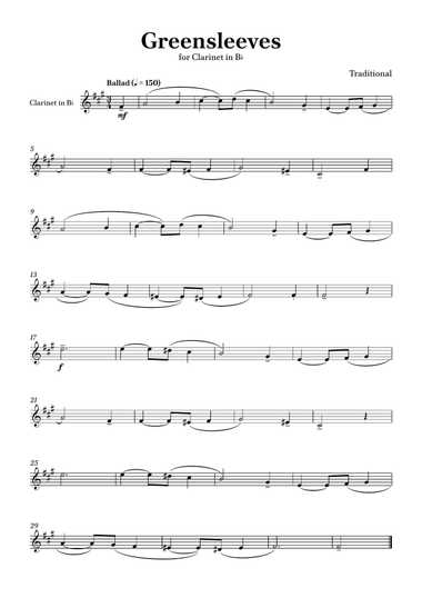 Greensleeves - Clarinet in E minor Easy without Chords