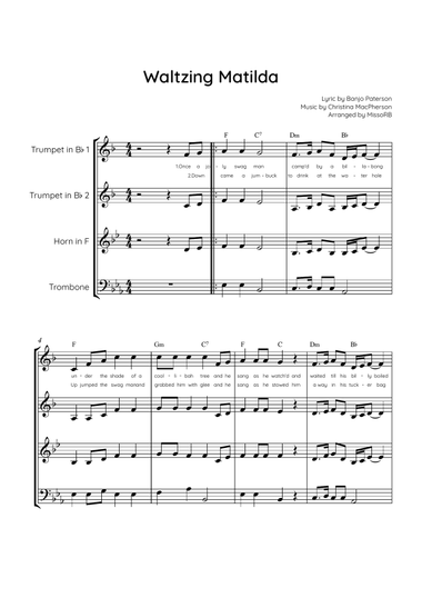 Waltzing Matilda - Brass Quartet in Eb With Lyric & Chords - Easy