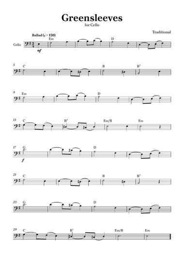 Greensleeves - Cello in E minor Easy with Chords