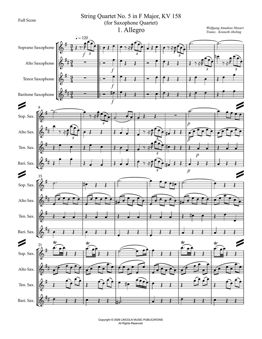 Mozart String Quartet No. 5 in F major, KV 158 (for Saxophone Quartet SATB) by Wolfgang Amadeus Mozart Woodwind Ensemble - Digital Sheet Music page 2
