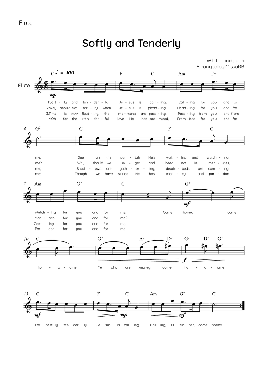 Softly and Tenderly - Woodwind Quartet in C With Chords & Lyric - Easy by Will L. Thompson Woodwind Quartet - Digital Sheet Music page 3