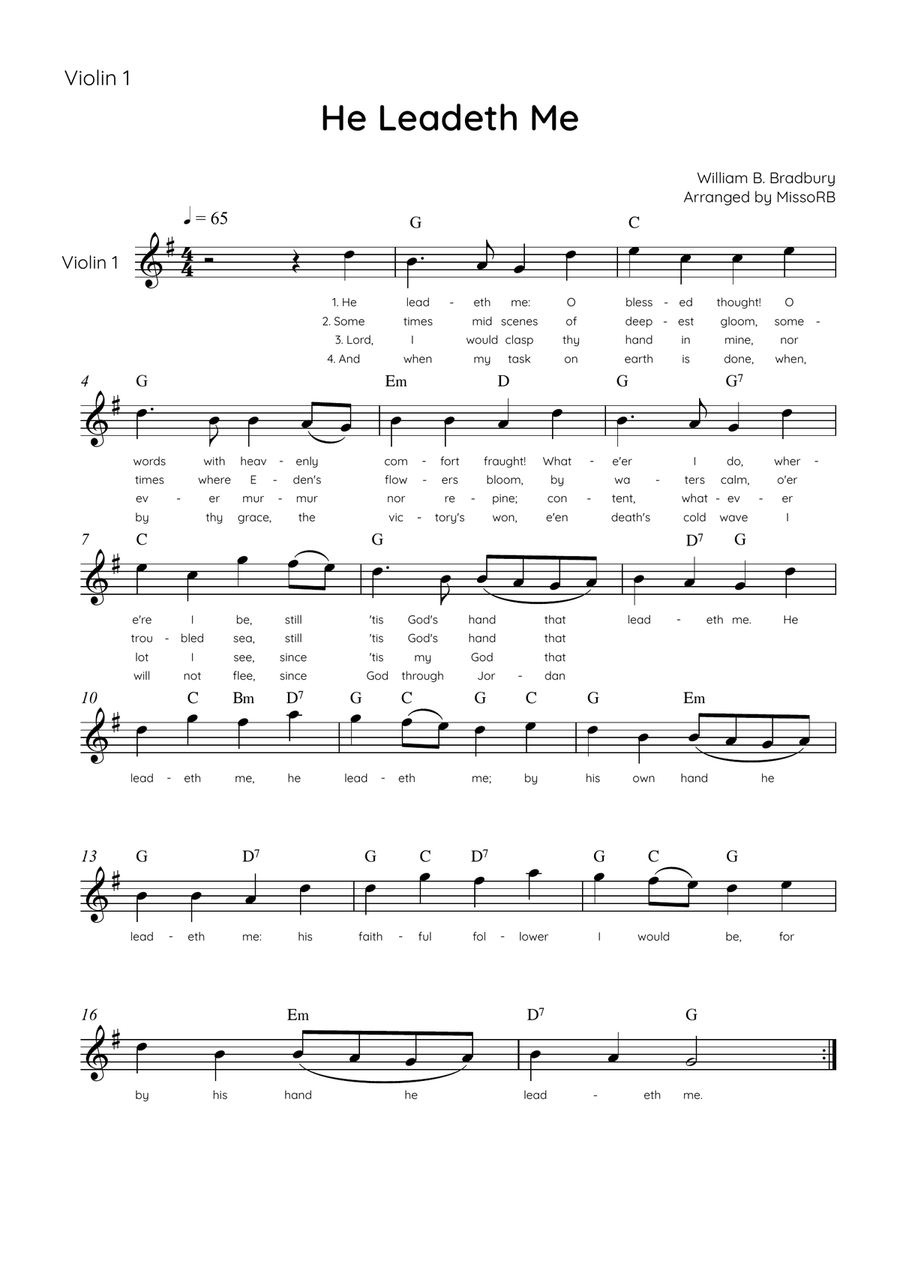 He Leadeth Me - Violin Duet in G With Chords & Lyric - Easy by William B. Bradbury String Duet - Digital Sheet Music page 2