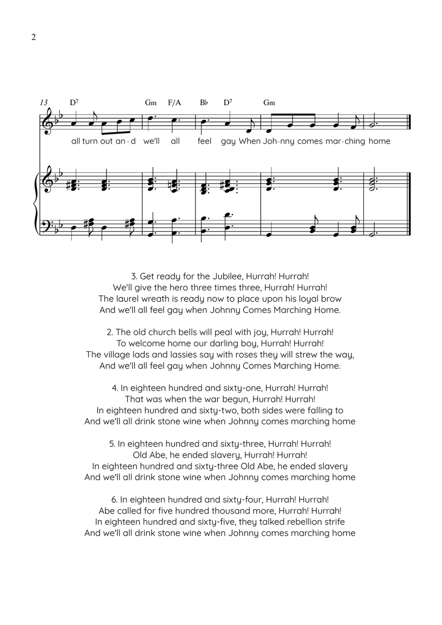 When Johnny Comes Marching Home - Voice With Piano in Gm With Chords & Lyrics - Easy by American Folk Song Piano, Vocal - Digital Sheet Music page 2