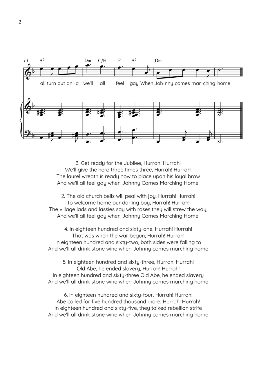 When Johnny Comes Marching Home - Flute With Piano in Dm With Chords & Lyrics - Easy by American Folk Song Flute Solo - Digital Sheet Music page 2