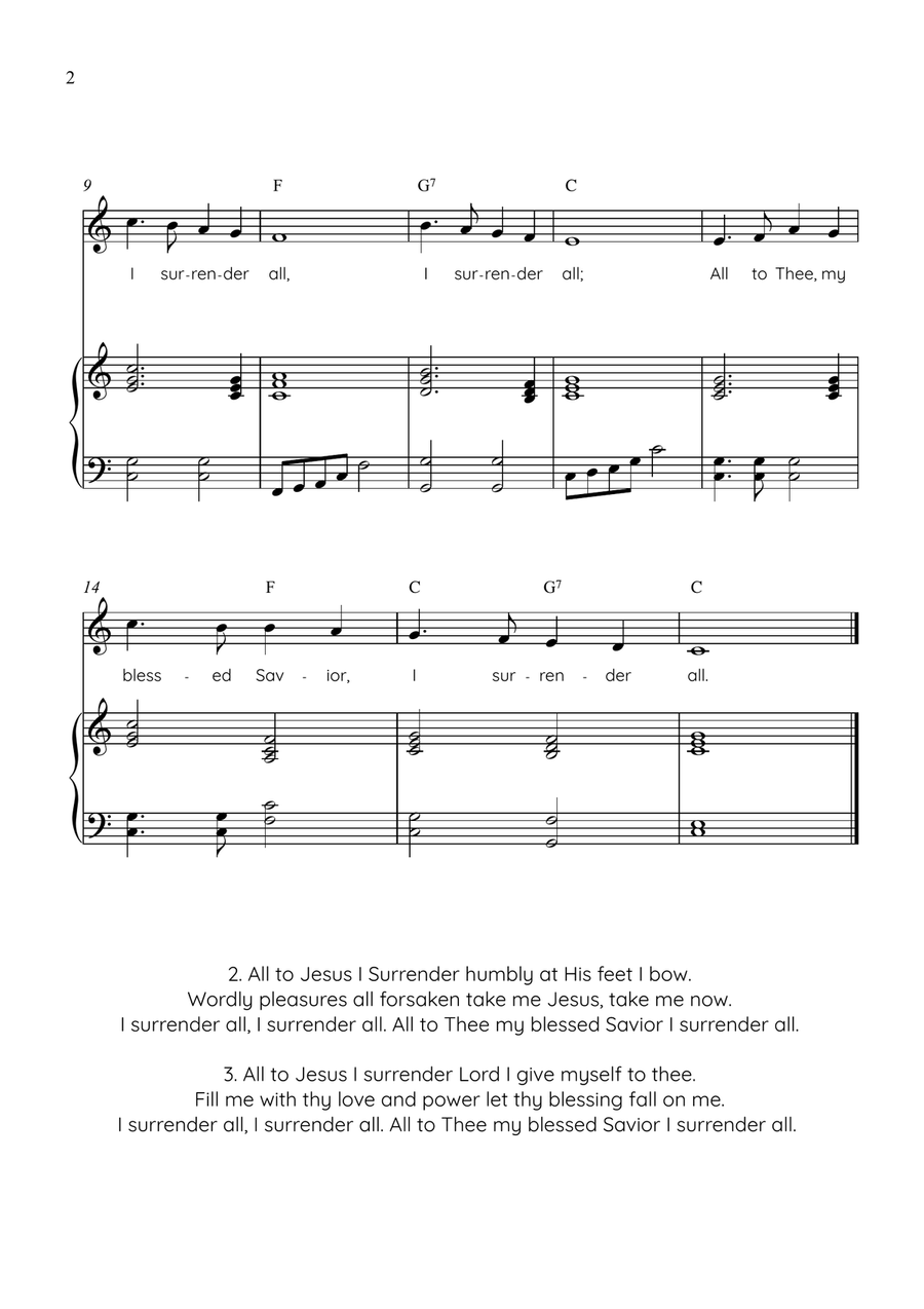 I Surrender All (Surrender) - Voice With Piano in C With Chords & Lyrics - Easy Piano, Vocal - Digital Sheet Music page 2