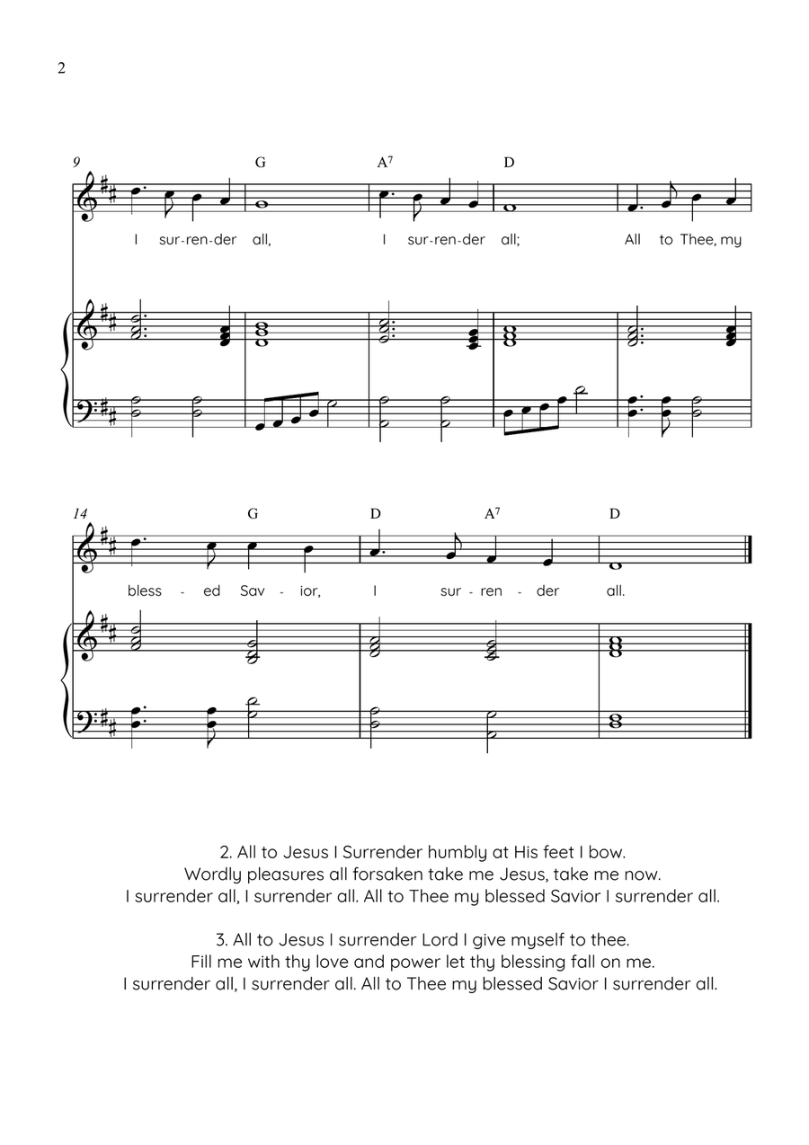I Surrender All (Surrender) - Voice With Piano in D With Chords & Lyrics - Easy Piano, Vocal - Digital Sheet Music page 2