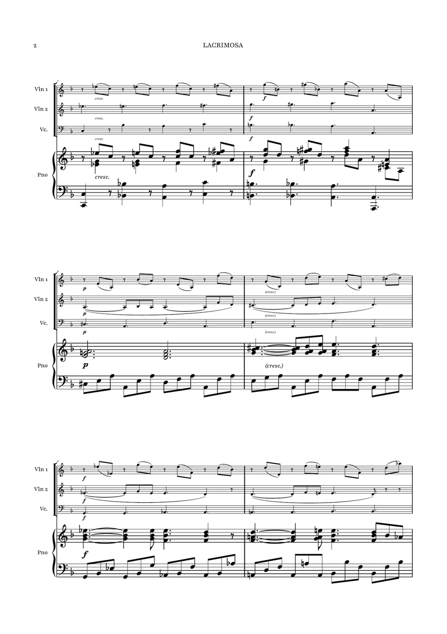 Lacrimosa - Mozart | STRING TRIO with PIANO by Wolfgang Amadeus Mozart Piano Quartet - Digital Sheet Music page 2