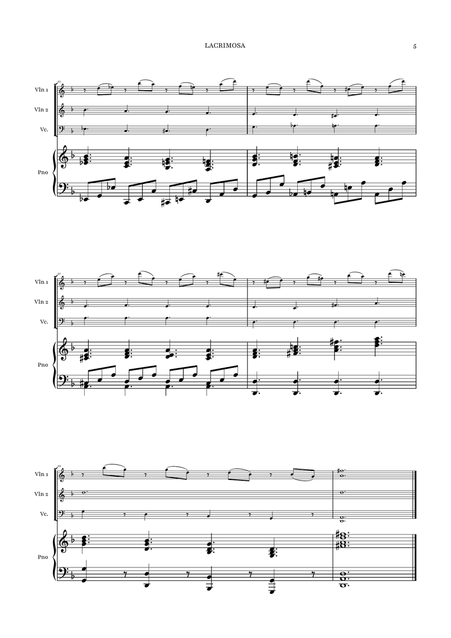 Lacrimosa - Mozart | STRING TRIO with PIANO by Wolfgang Amadeus Mozart Piano Quartet - Digital Sheet Music page 5