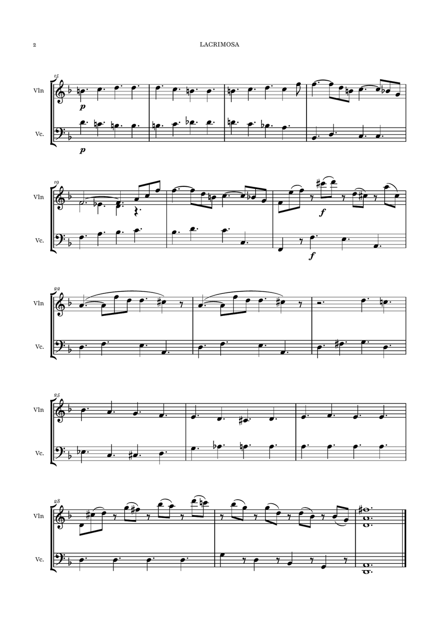 Lacrimosa - Mozart | VIOLIN AND CELLO DUET (Intermediate) by Wolfgang Amadeus Mozart String Duet - Digital Sheet Music page 2