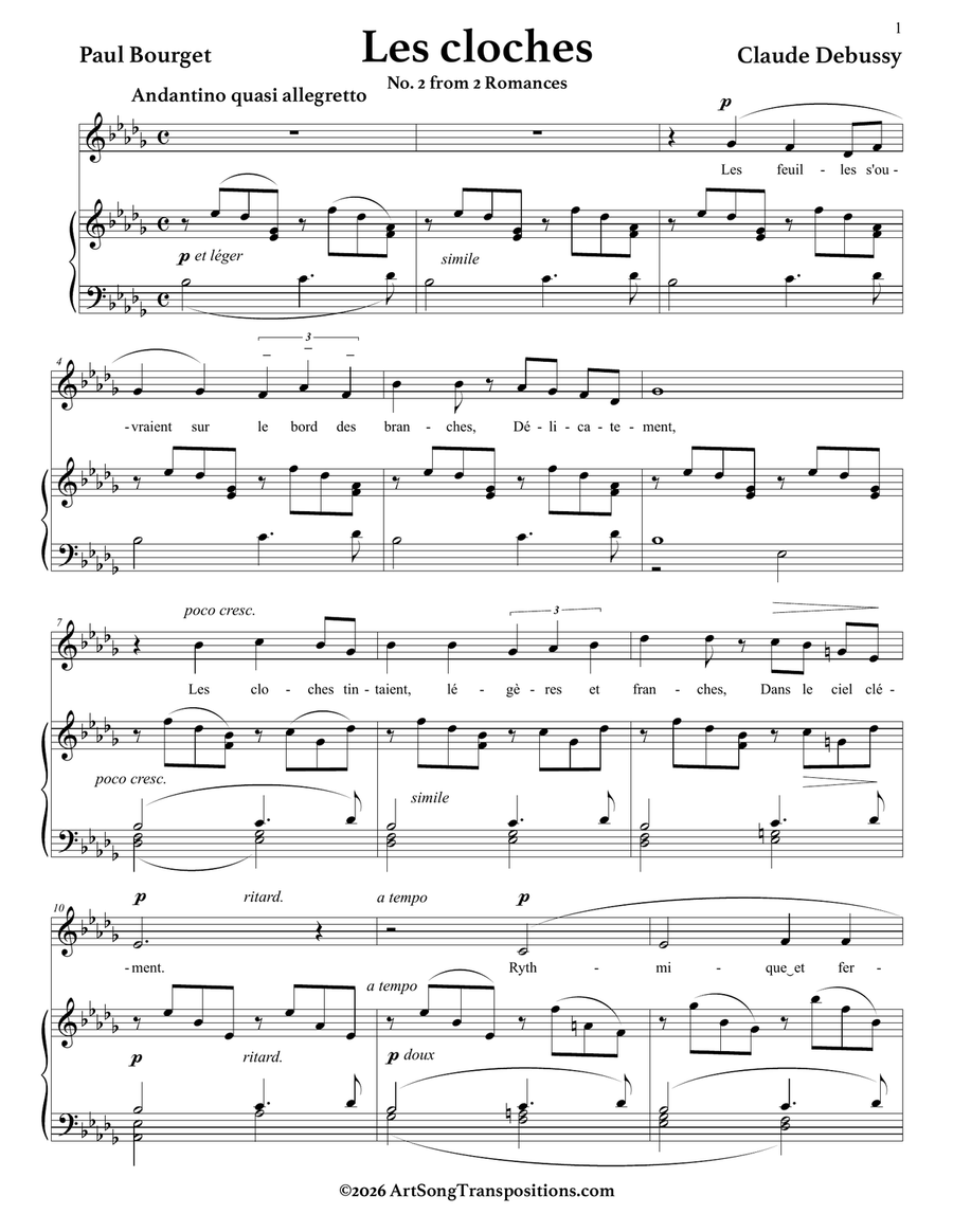 DEBUSSY: Les cloches (transposed to D-flat major) by Claude Debussy Piano, Vocal - Digital Sheet Music page 2