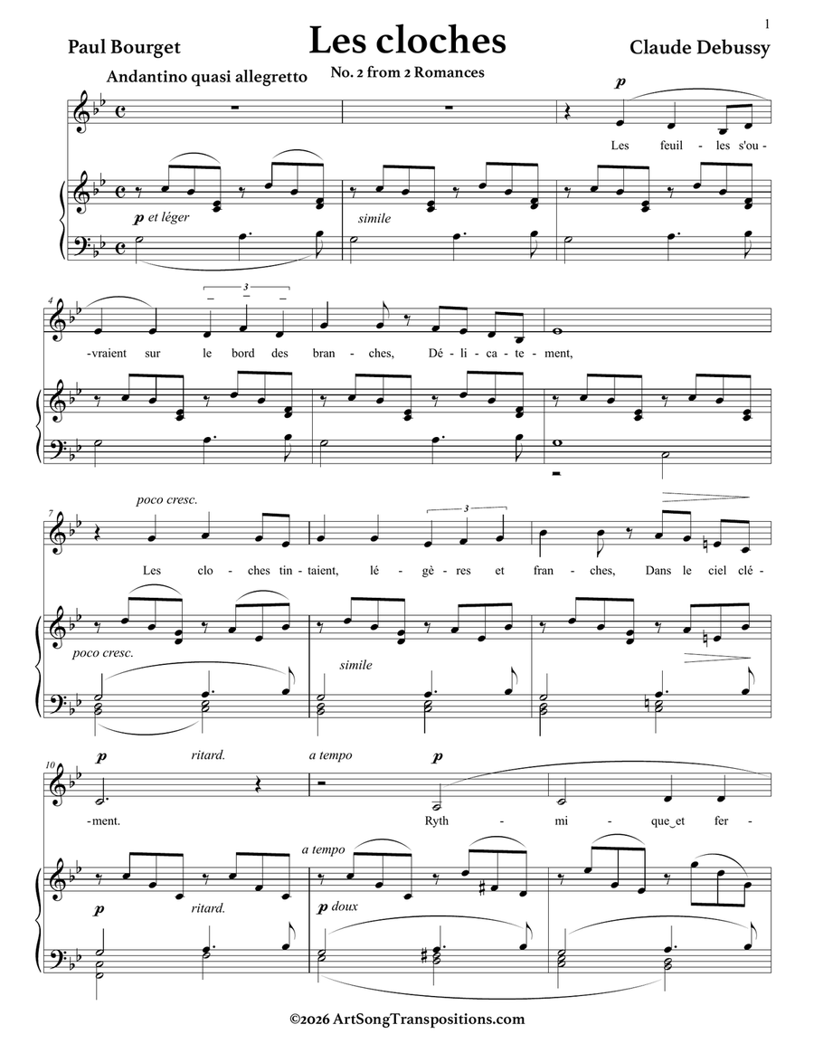 DEBUSSY: Les cloches (transposed to B-flat major) by Claude Debussy Piano, Vocal - Digital Sheet Music page 2