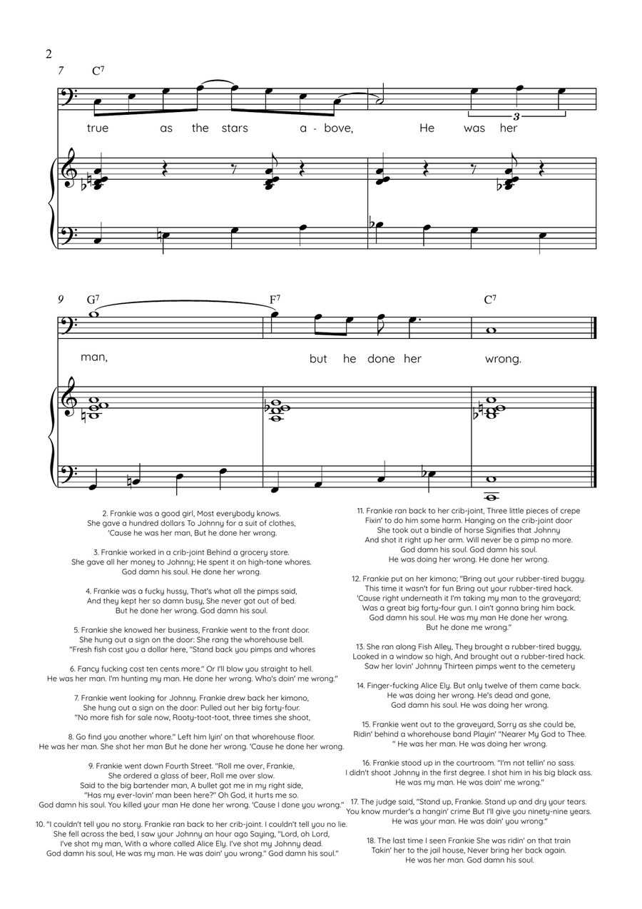 Frankie and Johnny - Cello with Piano in C Easy with Chords and Lyrics by American Folk Song Piano - Digital Sheet Music page 2