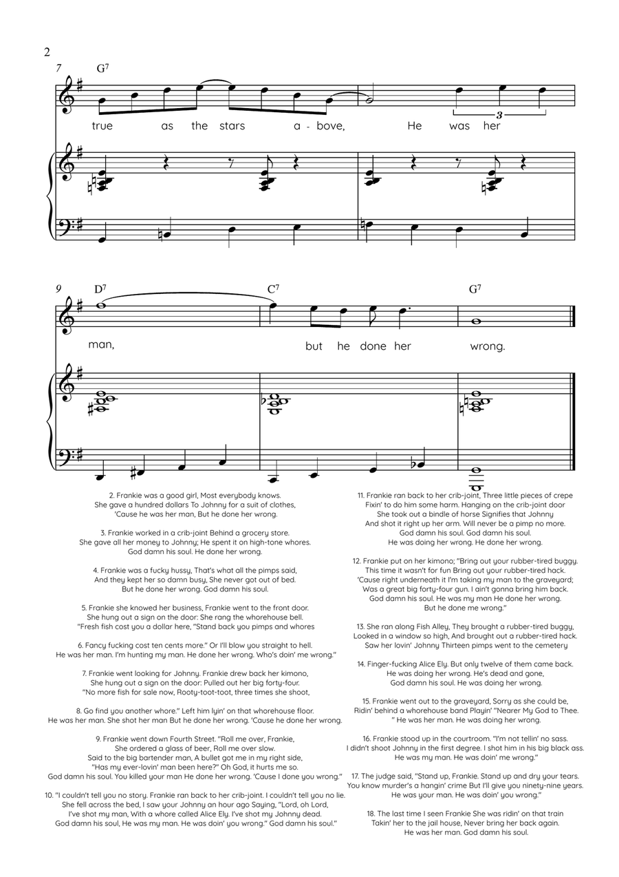 Frankie and Johnny - Violin with Piano in G Easy with Chords and Lyrics by American Folk Song Violin Solo - Digital Sheet Music page 2