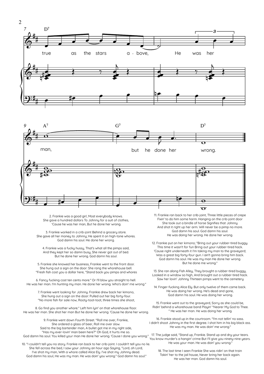 Frankie and Johnny - Voice with Piano in D Easy with Chords and Lyrics by American Folk Song Piano, Vocal - Digital Sheet Music page 2