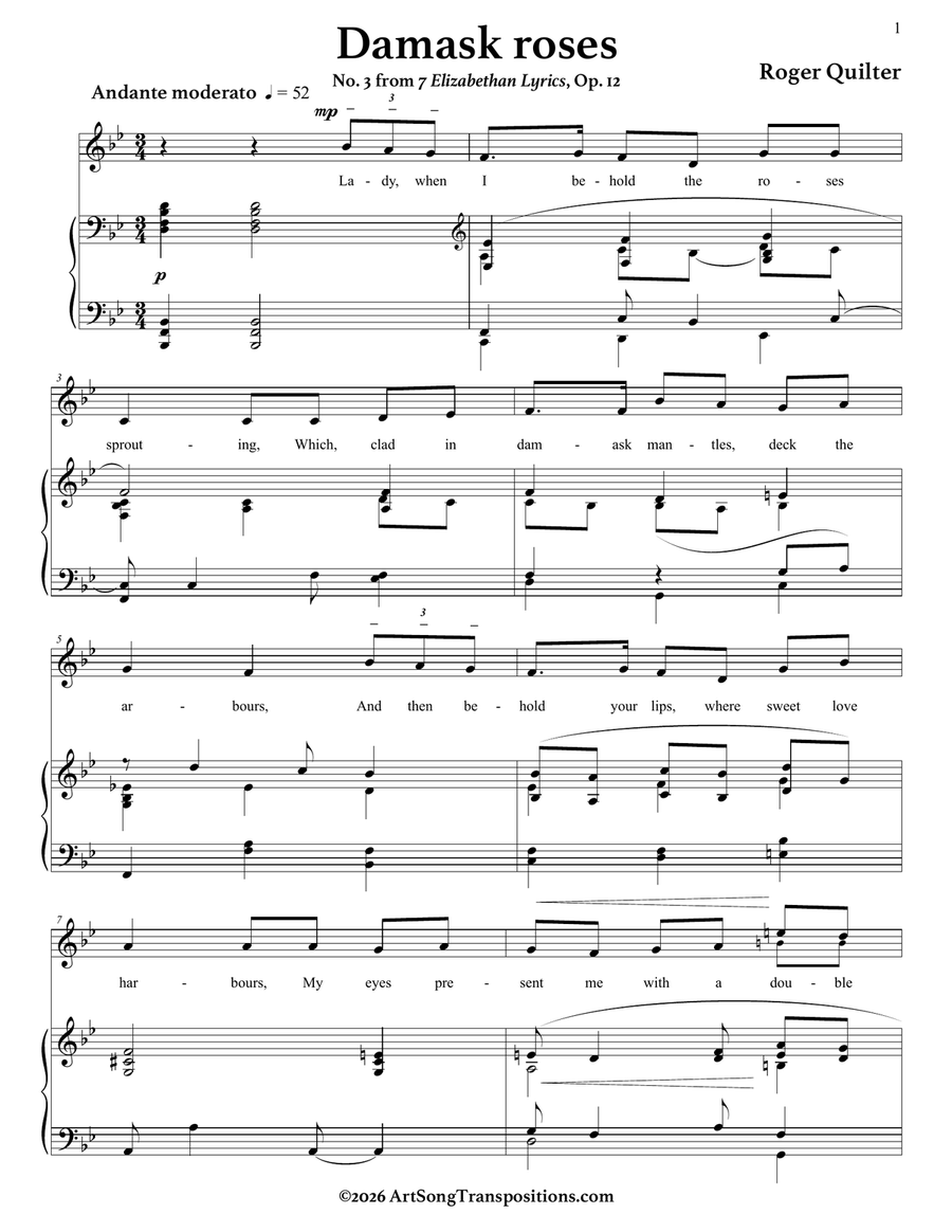 QUILTER: Damask roses, Op. 12 no. 3 (transposed to B-flat major) by Roger Quilter Piano, Vocal - Digital Sheet Music page 2
