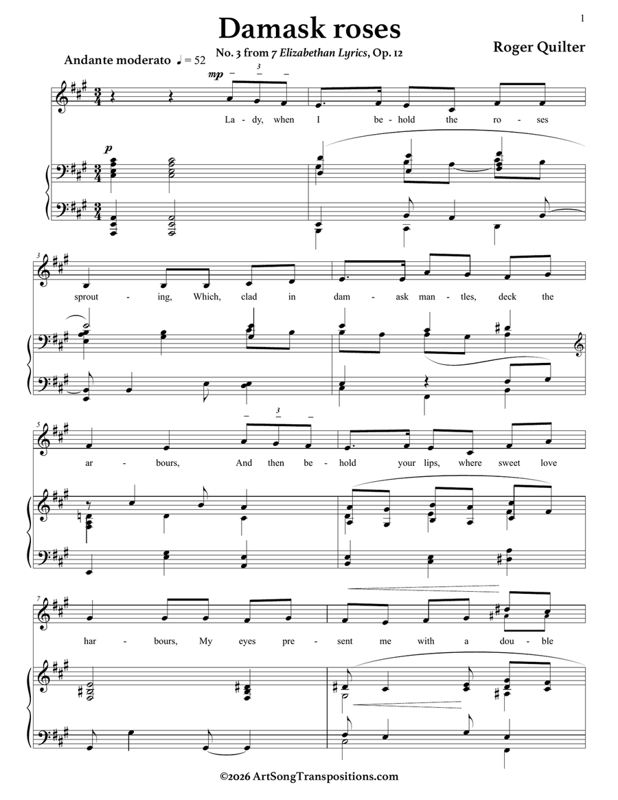 QUILTER: Damask roses, Op. 12 no. 3 (transposed to A major) by Roger Quilter Piano, Vocal - Digital Sheet Music page 2