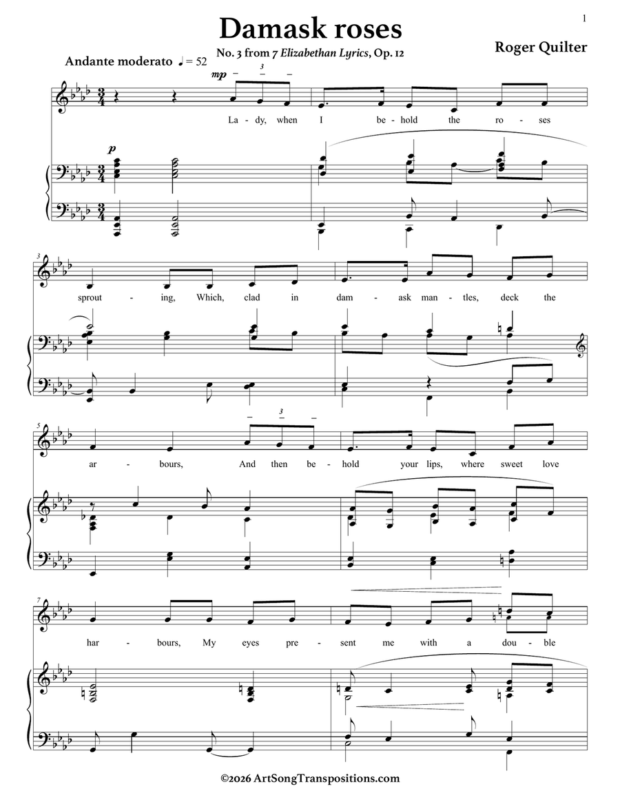 QUILTER: Damask roses, Op. 12 no. 3 (transposed to A-flat major) by Roger Quilter Piano, Vocal - Digital Sheet Music page 2