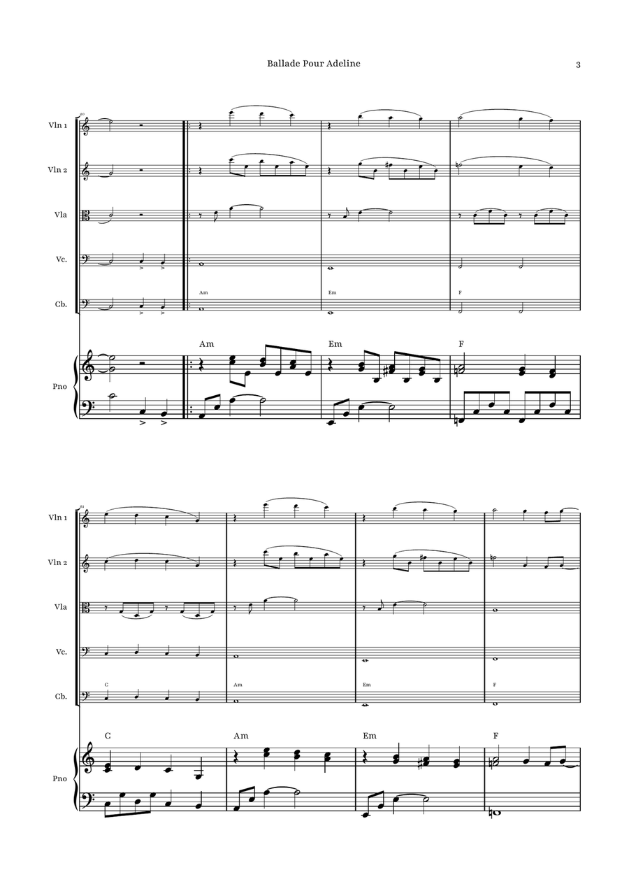 Ballade Pour Adeline by Richard Clayderman String Orchestra - Digital Sheet Music page 3