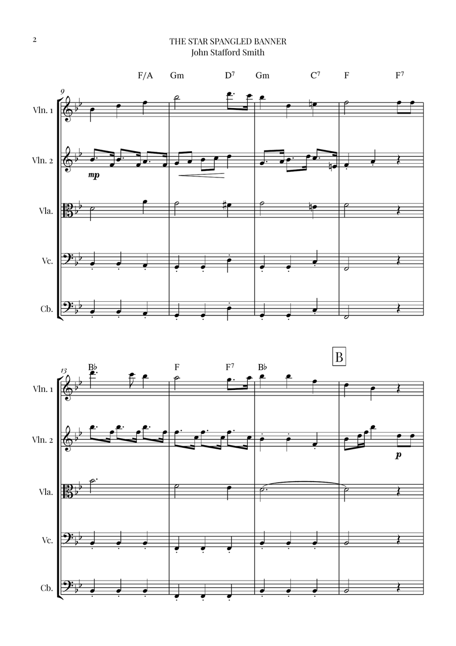 The Star Spangled Banner - String Quintet (with Chords) by John Stafford Smith String Orchestra - Digital Sheet Music page 2