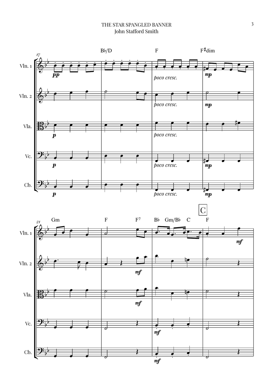 The Star Spangled Banner - String Quintet (with Chords) by John Stafford Smith String Orchestra - Digital Sheet Music page 3